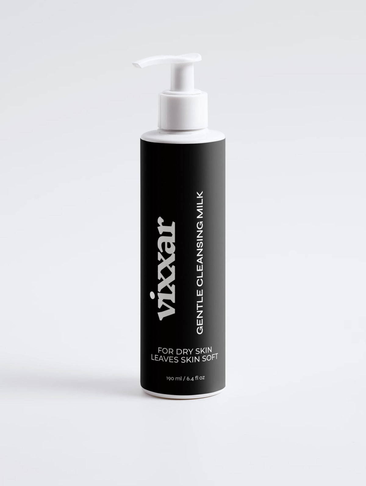 Vixxar Gentle Cleansing Milk face cleanser in a black pump bottle with white dispenser, front view on a light grey background
