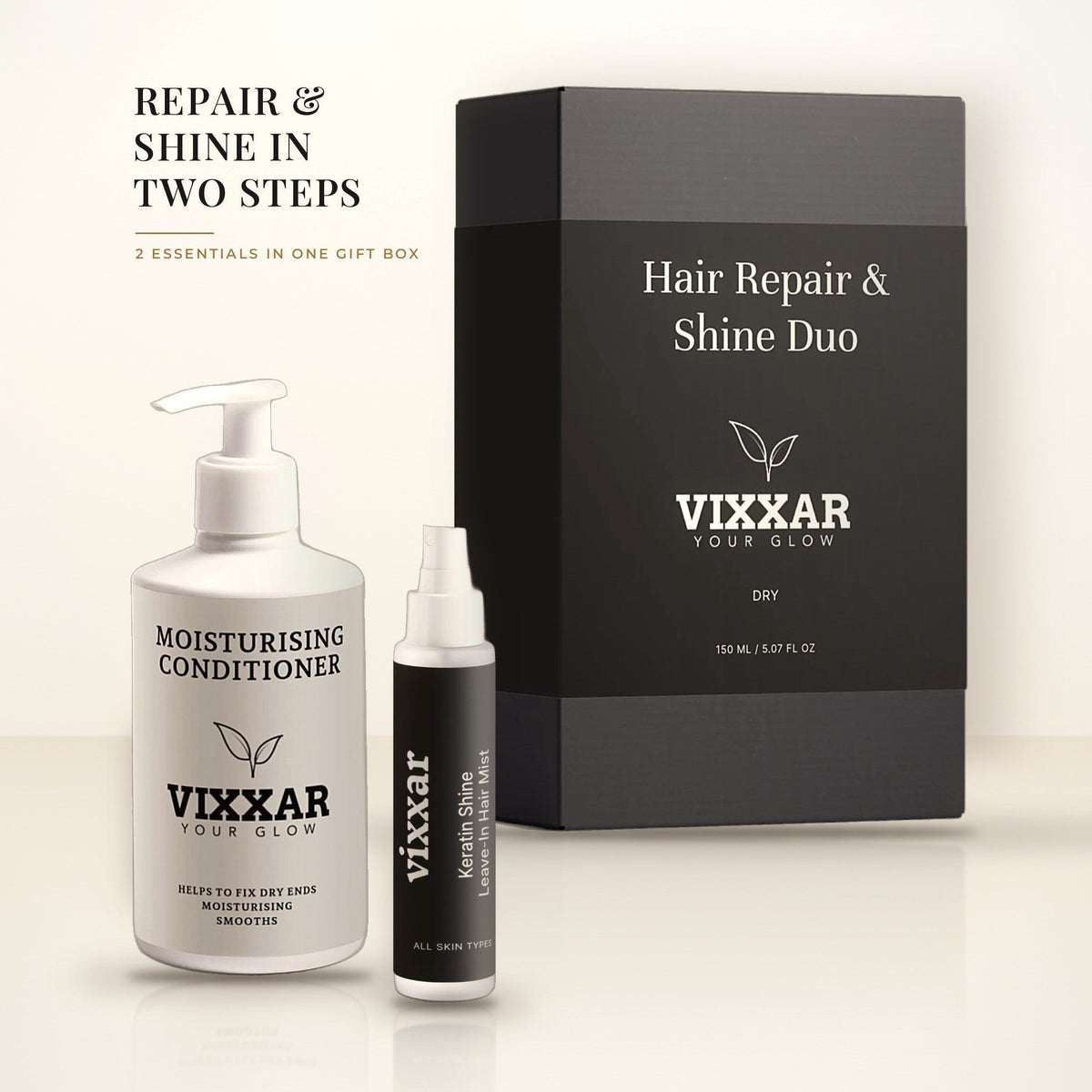 Vixxar Hair Repair &amp; Shine Duo gift set with Moisturising Conditioner and Keratin Shine Leave-In Mist in front of the gift box