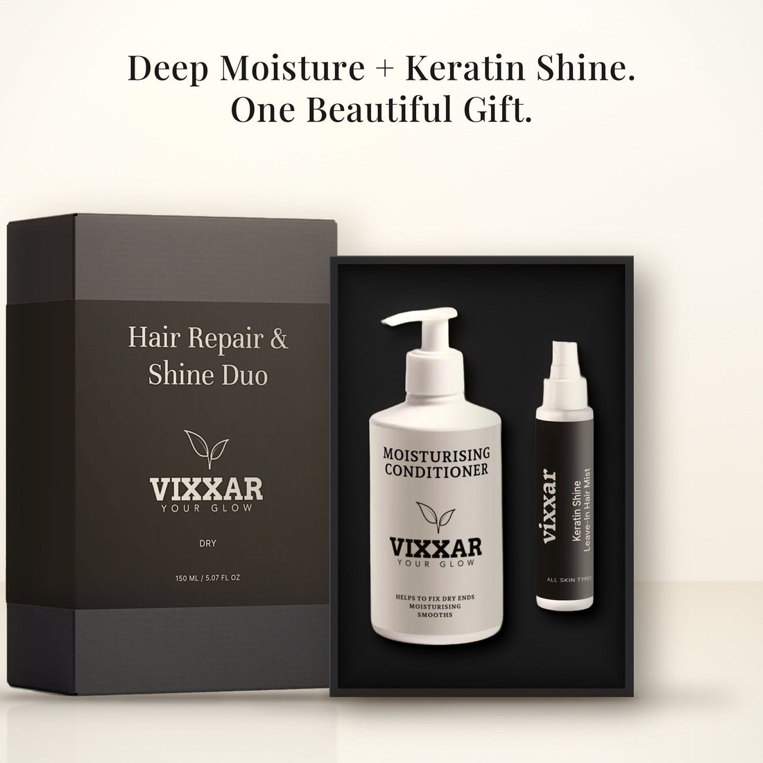 Open Vixxar Hair Repair &amp; Shine Duo: black inner box holding Moisturising Conditioner and Keratin Shine Leave-In Mist beside the sleeve