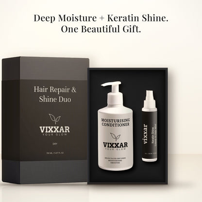 Open Vixxar Hair Repair &amp; Shine Duo: black inner box holding Moisturising Conditioner and Keratin Shine Leave-In Mist beside the sleeve