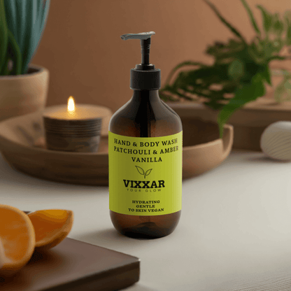 Hand &amp; Body Wash, Patchouli &amp; Amber Vanilla – 490ml | Vegan, Hydrating &amp; Aromatic Cleanser - Vixxar Natural Skincare