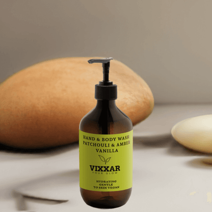 Hand &amp; Body Wash, Patchouli &amp; Amber Vanilla – 490ml | Vegan, Hydrating &amp; Aromatic Cleanser - Vixxar Natural Skincare