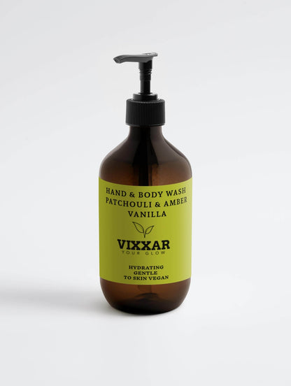 Hand &amp; Body Wash, Patchouli &amp; Amber Vanilla – 490ml | Vegan, Hydrating &amp; Aromatic Cleanser - Vixxar Natural Skincare