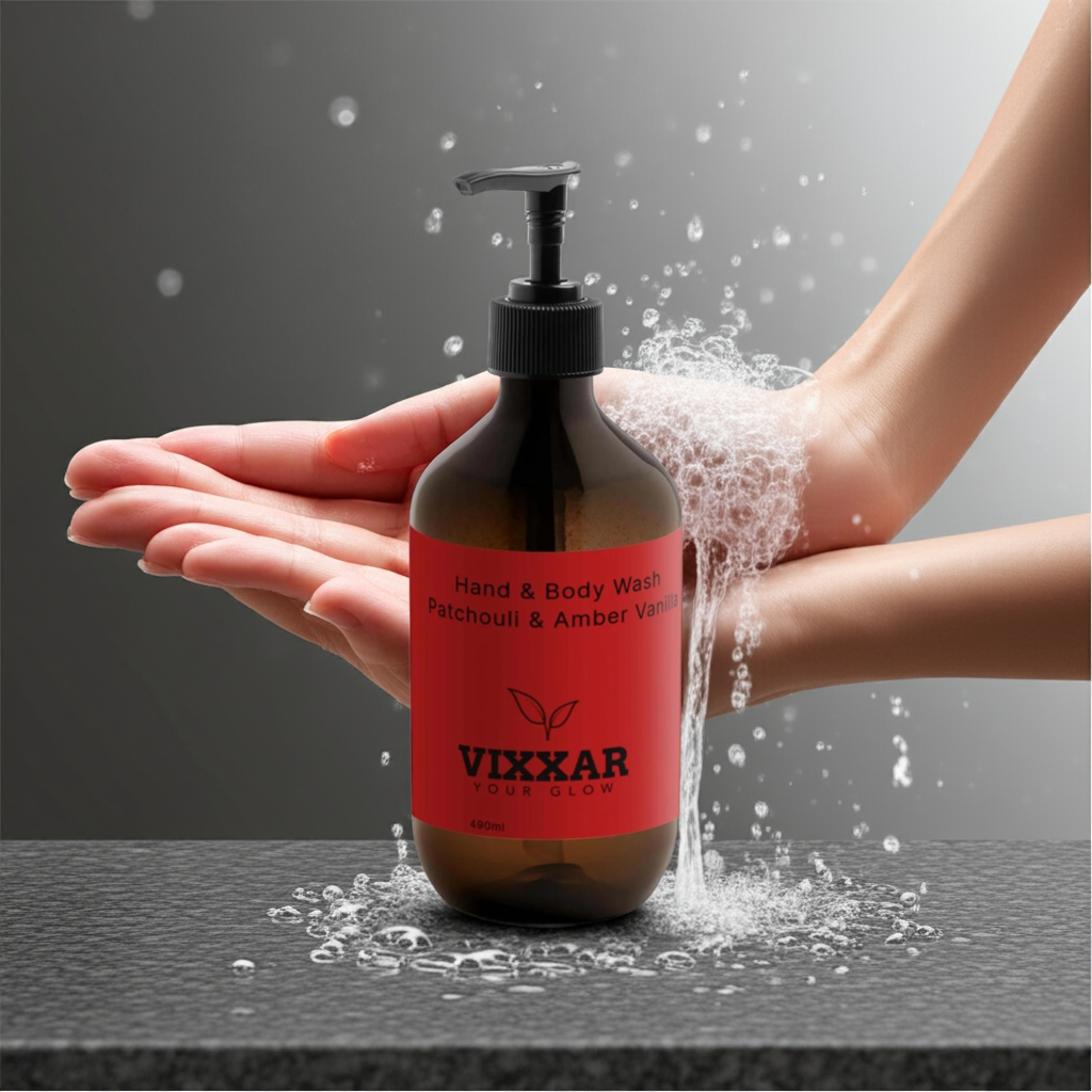 Vegan Patchouli & Amber Vanilla Hand & Body Wash by Vixxar, hydrating cleanser being used with water