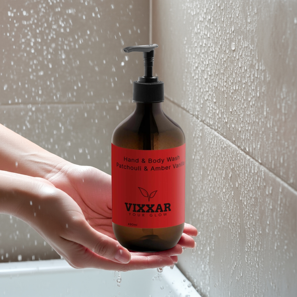 Vixxar Patchouli & Amber Vanilla Hand & Body Wash 490ml in shower, luxury vegan cleanser with hydrating beta-alanine, quince extract.