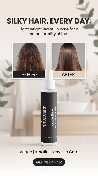 Vixxar Keratin Shine leave-in hair care bottle shown on a light beige background with before-and-after hair shine comparison photos above it and marketing text about silky hair.