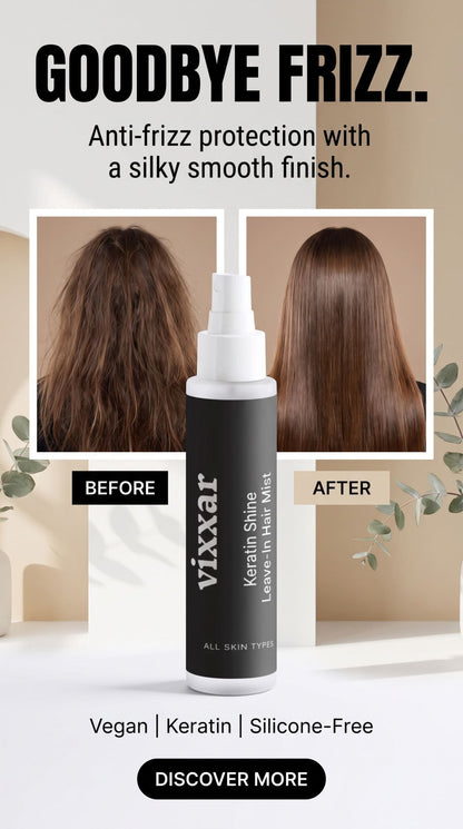 Vixxar Keratin Shine leave-in hair mist bottle shown in a before-and-after layout with two hair texture photos demonstrating frizz reduction.