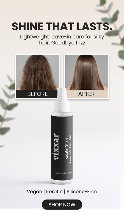 Vixxar Keratin Shine leave-in hair mask bottle shown on a light background with before-and-after hair texture comparison images above it and text reading &