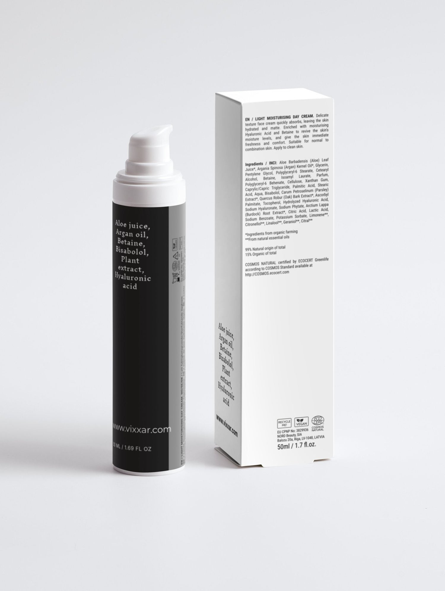 Light Moisturising Day Cream 50ml – Hyaluronic Acid, Argan Oil &amp; Aloe Vera for Normal to Oily Skin - Vixxar Natural SkincareDefault