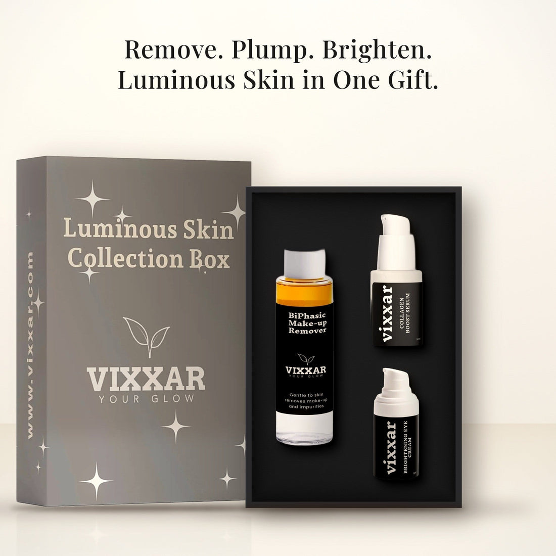Open Vixxar Luminous Skin Collection Box: black inner box holding BiPhasic Make-up Remover, Collagen Boost Serum and Brightening Eye Cream beside the sleeve