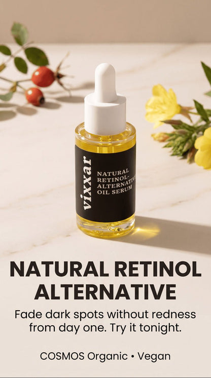 Vixxar Natural Retinol Alternative Oil Serum in a clear glass dropper bottle with a black label, set on a light marble surface with botanical props and promotional text below.