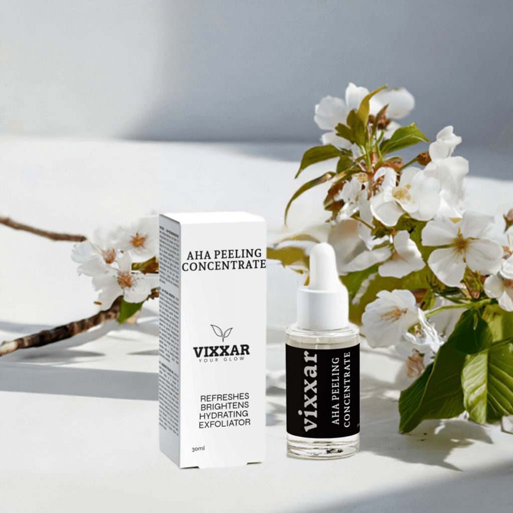 AHA Peeling Concentrate 30ml bottle with box, featuring lactic and hyaluronic acid, surrounded by white blossoms for skin glow and hydration.