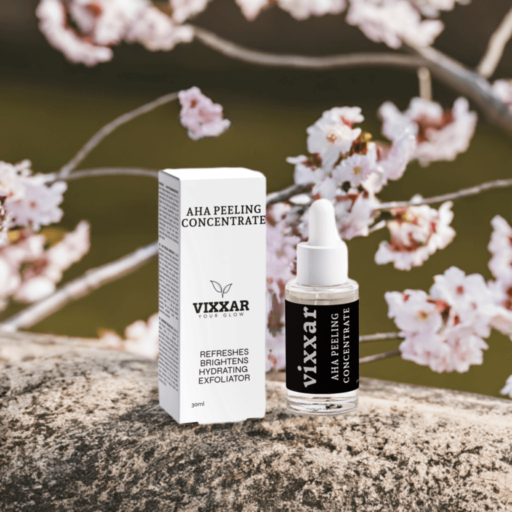 AHA Peeling Concentrate 30ml with lactic acid, hyaluronic exfoliator on a floral background for smooth, radiant skin.