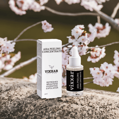 AHA Peeling Concentrate 30ml with lactic acid, hyaluronic exfoliator on a floral background for smooth, radiant skin.