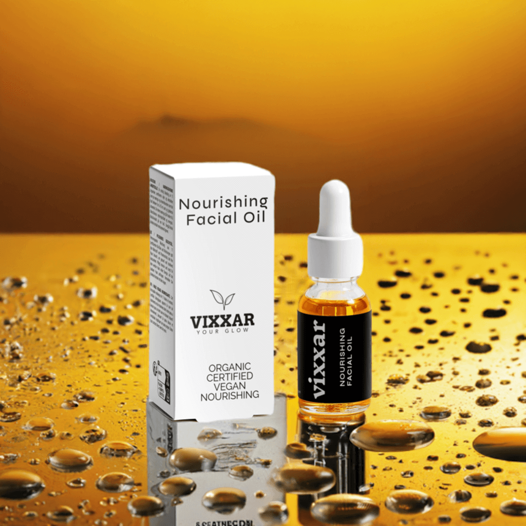 Vegan Organic Nourishing Facial Oil 15ml with box on reflective surface, anti-aging skincare product for radiant skin