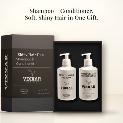 Open Vixxar Shiny Hair Duo: black inner box holding Moisturising Shampoo and Moisturising Conditioner beside the sleeve