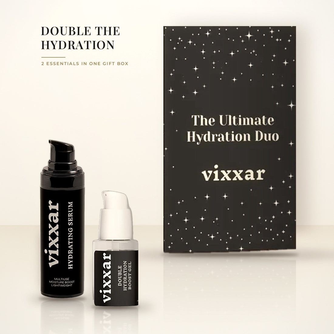 Vixxar Ultimate Hydration Duo gift set with Hydrating Serum and Double Hydration Boost Gel in front of the gift box