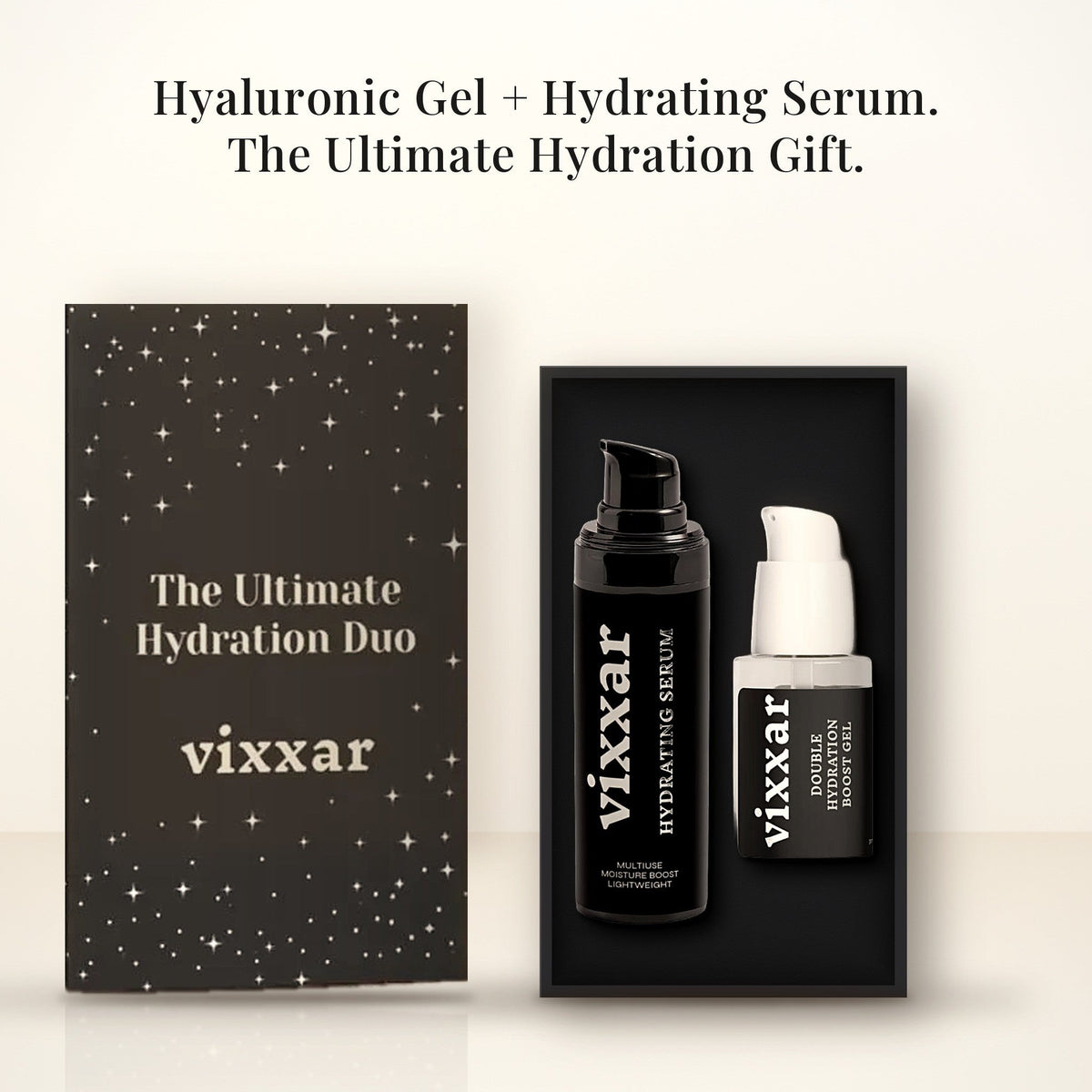 Open Vixxar Ultimate Hydration Duo: black inner box holding Hydrating Serum and Double Hydration Boost Gel beside the sleeve