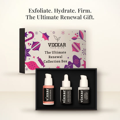 Open Vixxar Ultimate Renewal Collection Box: black inner box holding Peptide Serum, AHA Peeling Concentrate and Double Hydration Boost Gel beside the sleeve