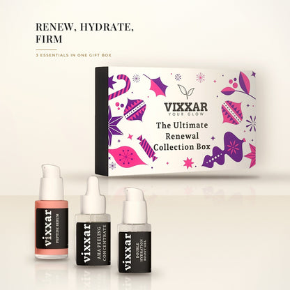Vixxar Ultimate Renewal Collection Box gift set with Peptide Serum, AHA Peeling Concentrate and Double Hydration Boost Gel in front of the gift box