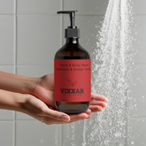 Vixxar Patchouli & Amber Vanilla Hand & Body Wash in use under shower, 490ml vegan hydrating cleanser.