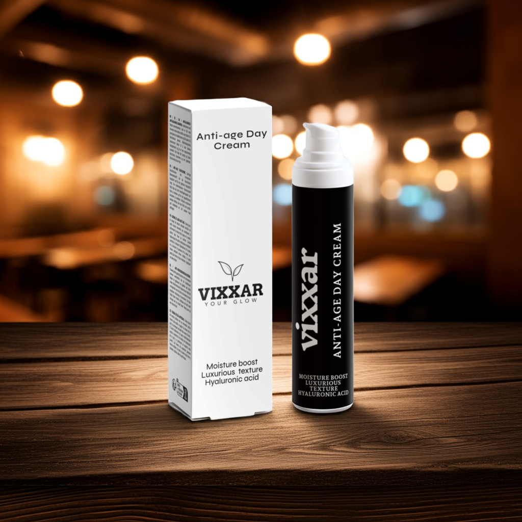Vixxar anti-age day cream bottle and packaging on a wooden surface, featuring moisture boost and hyaluronic acid benefits.