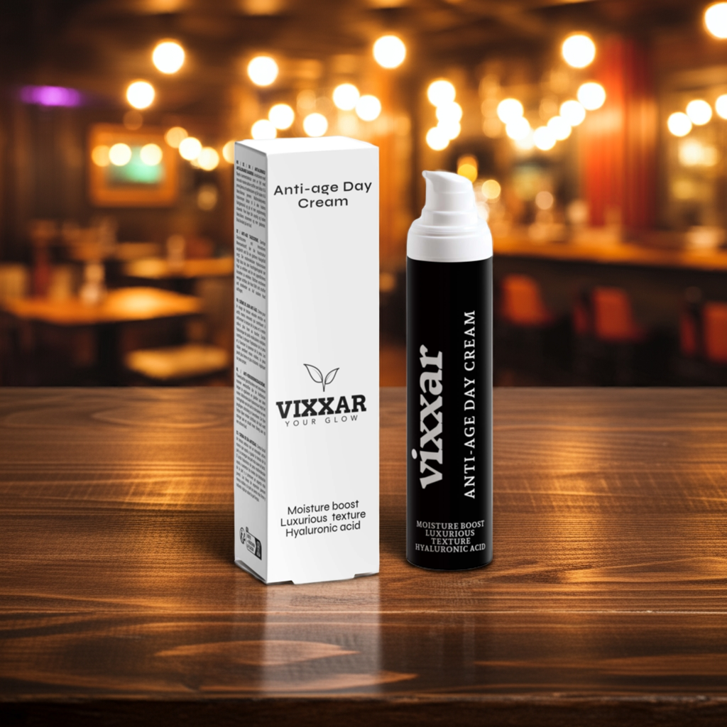 Vixxar Anti-Age Day Cream bottle and packaging on wooden table with blurred lights background