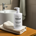 Vixxar Sensitive Scalp Shampoo bottle on wooden surface, ideal for soothing sensitive and reactive scalps, 400ml size.