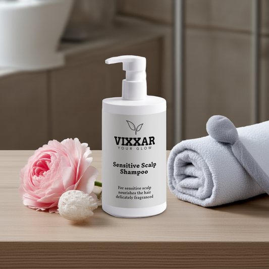 Vixxar Sensitive Scalp Shampoo 400ml bottle placed beside a rolled towel and pink rose, offering soothing care for reactive scalps.