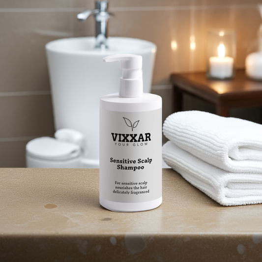 Vixxar Sensitive Scalp Shampoo 400ml in bathroom setting, gentle and soothing for reactive scalps, COSMOS natural formula.